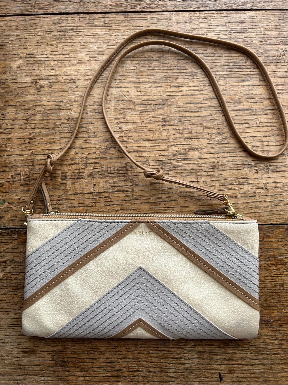 Relic Emma Convertible Cream/Gray/Tan Chevron Lines Wristlet/Crossbody Wallet.